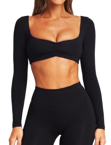 Women Square Neck Cropped Long Sleeve Workout Top with Built-in Bra - Small Black