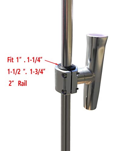 Vertical & Horizontal Adjustable Boat T-Top Rod Holder Clamp-On - Silver Aluminum, Degree Rotatable - Fits 1-2 Inch Pipes