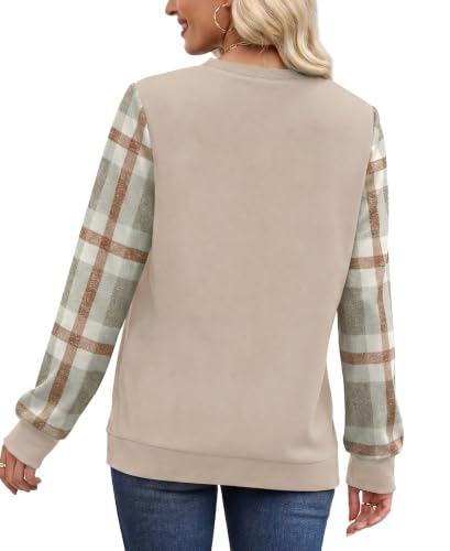 OFEEFAN Women's Color Block Crewneck Sweatshirt Large - Plaid Fall Top