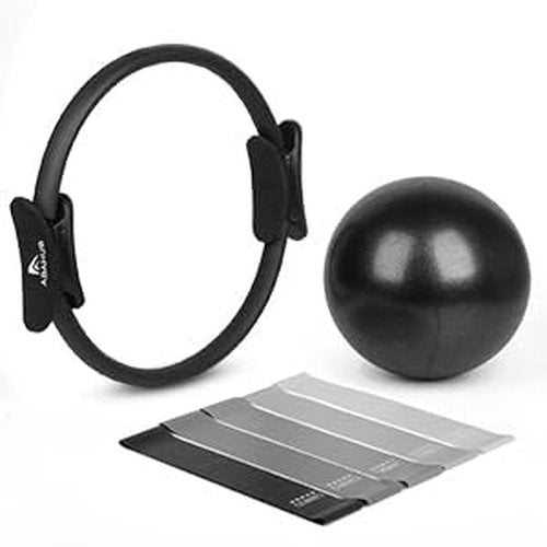 Abahub Pilates Ring Set, Home Workout Pilates Equipment Pilates，14”Magic Circle, 9”Mini Ball, Highly Elastic Resistance Bands, Hoop for Women Home Fitness, Toning Arms, Thighs/Legs & Core, Black Set