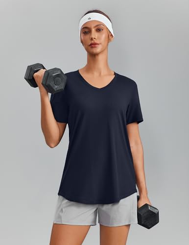 PINSPARK V Neck Workout Tops for Women Short Sleeve Quick Dry Shirt Large Dark Navy