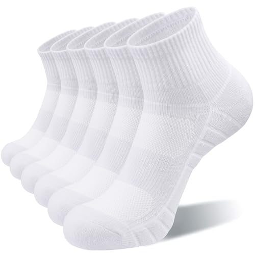 Lapulas Athletic Quarter Socks for Men Women White Large Mesh Cushioned Arch Support Non-Slip Running Ankle Socks - 6 Pack