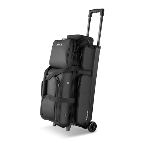 VEVOR Black Bowling Ball Bag for 3 Balls with Wheels & Shoe Compartment - Double Roller