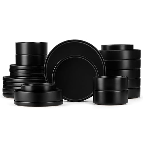 Herogo Matte Black Dinnerware Set for 6 - 24 Piece Stoneware Plates, Bowls & Pasta Bowls