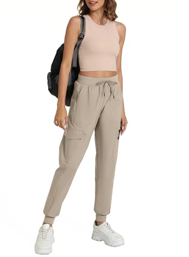 Women's Lightweight Cargo Hiking Pants with Pockets, Elastic Leg Opening, Large Size - Apricot