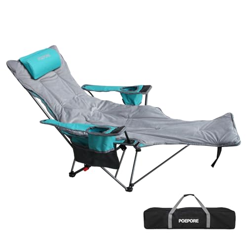 POEPORE Cyan Reclining Camping Chair with Removable Footrest & Headrest, Foldable Portable Lounger