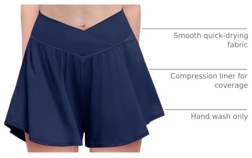 Girls Athletic Shorts with Pockets - Navy Blue, 11-12 Years - Flowy Crossover Design