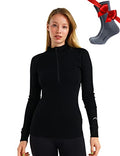 Merino.tech Women's Medium Black 100% Merino Wool Quarter Zip Sweater & Thermal Socks Set