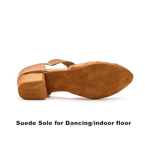 Women Latin Ballroom Salsa Dance Shoes - Closed Toe, Suede Sole, Tan 11