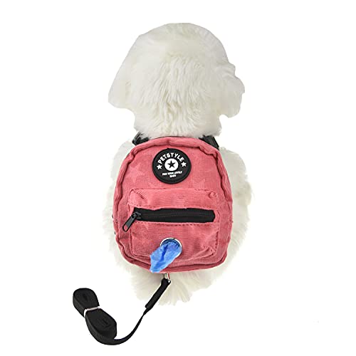Dog Backpack Harness with Leash and Poop Bag Dispenser - Pink, Medium (10-15lb)