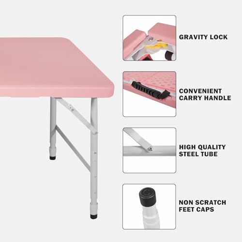 Pink 4 FT Folding Plastic Table with Carry Handle - Indoor/Outdoor Portable Rectangle Table