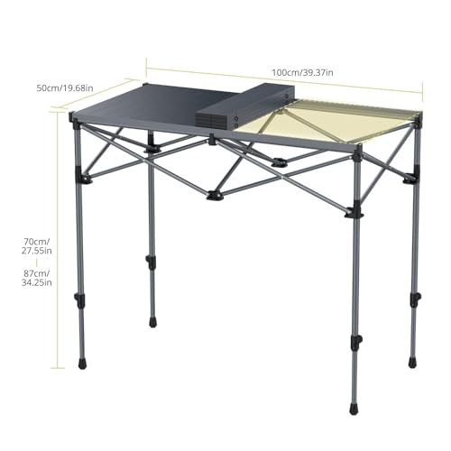 Anbte 34.2-Inch Tall Folding Camping Table with Aluminum Surface, Black, Adjustable Height & Mesh Storage