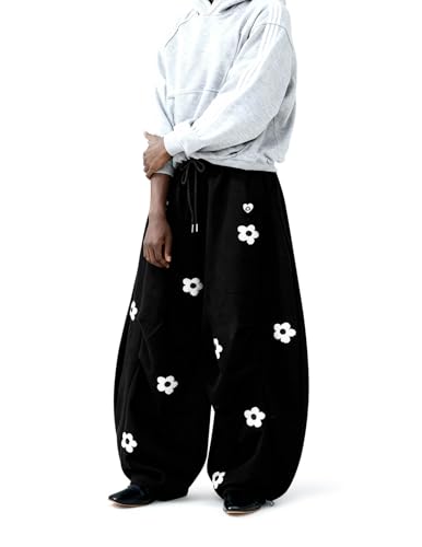 Medium Black Baggy Wide Leg Sweatpants with Flower Embroidery - Casual Y2K Lounge Trousers