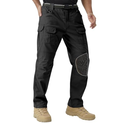 Men's Tactical Work Pants with Removable Knee Pads - Water-Resistant Cargo, 36W x 30L, Black