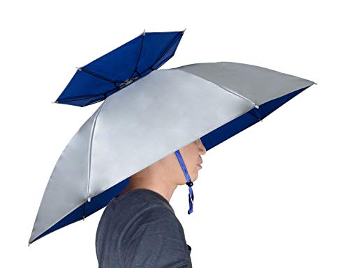 Oversized Silver Folding Sun Rain Umbrella Hat with Adjustable Chin Strap - Waterproof Headwear for Fishing Gardening Golf