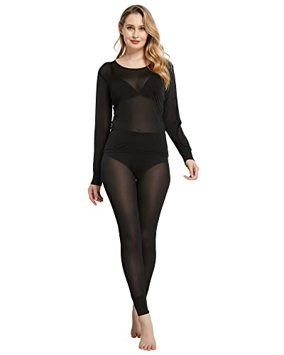 XX-Large Women's Mulberry Silk Thermal Underwear Set Black - Viamulion