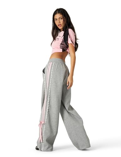 Aelfric Eden Medium Grey Lace Stripe Patchwork Baggy Sweatpants for Women