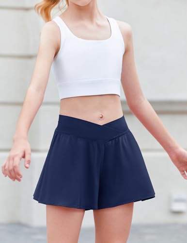 Girls Athletic Shorts with Pockets - Navy Blue, 11-12 Years - Flowy Crossover Design