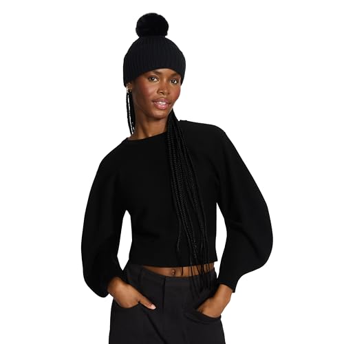 Steve Madden Wide Cuff Beanie with Pom, Black