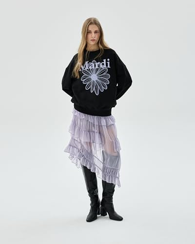 Women's FLOWERMARDI Sweatshirt Black Lightpurple One Size Cotton Crewneck