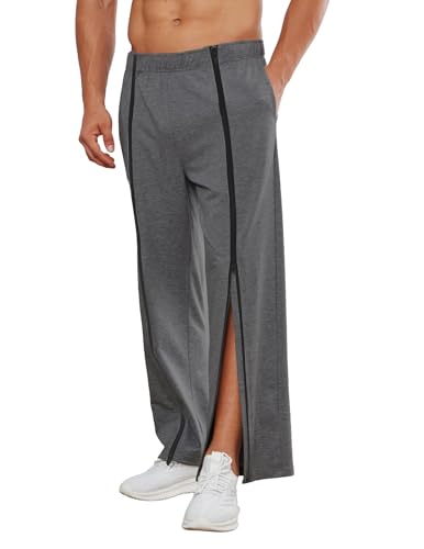 Men's Tear Away Full Zipper Sweatpants Open Bottom Post Surgery Dark Grey XL