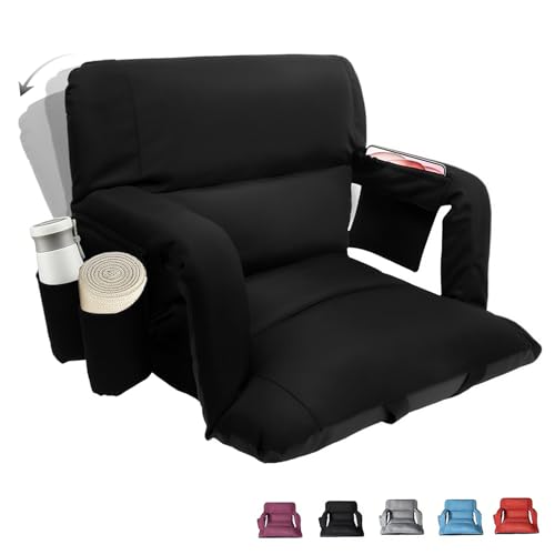 Wide Stadium Seat with Back Support - 25 Inch Foldable Chair, Black, Adjustable Recline