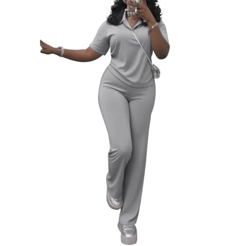Women's 2 Piece Lounge Sets Polo Shirt & Wide Leg Pants, Grey, Small