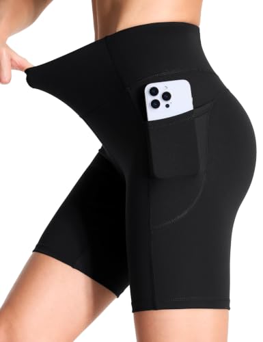 High Waist Yoga Shorts for Women with Tummy Control & Deep Pockets - Black 8" Medium