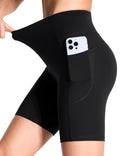 High Waist Yoga Shorts for Women with Tummy Control & Deep Pockets - Black 8" Medium