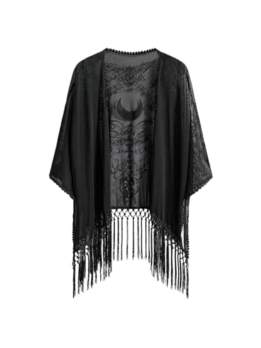 Large Women's Goth Fringe Kimono Top Sheer Shawl Cardigan - Black