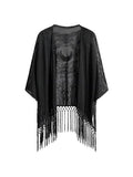 Large Women's Goth Fringe Kimono Top Sheer Shawl Cardigan - Black