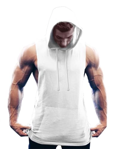 Men's Workout Hooded Tank Top - White Large - Bodybuilding Muscle Gym Sleeveless T-Shirt