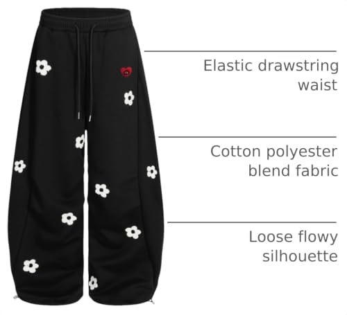 Medium Black Baggy Wide Leg Sweatpants with Flower Embroidery - Casual Y2K Lounge Trousers