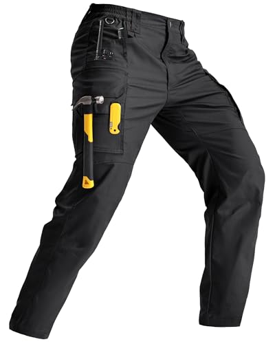 Men's Stretch Tactical Cargo Work Pants - 9-Pocket Ripstop, Black, 36W x 32L