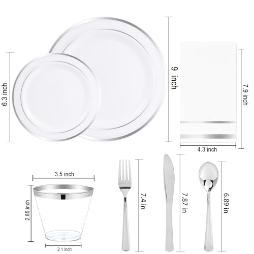 Silver Disposable Plastic Plates Set for 100 Guests - Includes 100 Dinner & Dessert Plates, 300 Cutlery, Cups, Napkins - Elegant Partyware