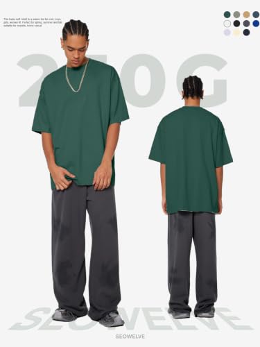 Men's Oversized Heavyweight Cotton T-Shirt Crew Neck Short Sleeve Basic Tee - Large Dark Green