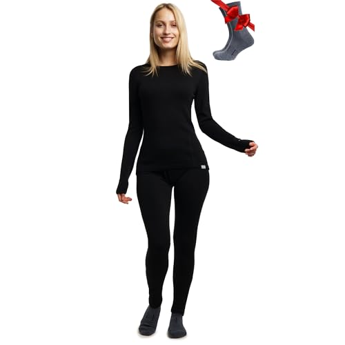 Merino.tech Women's Medium Black 100% Merino Wool Base Layer Set - Thermal Top & Bottom