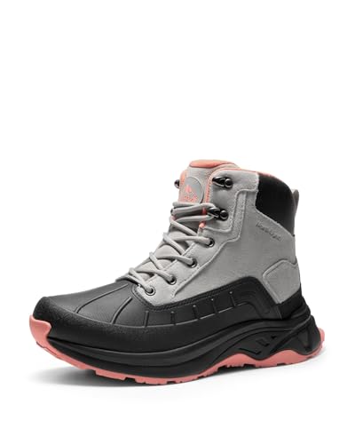 Women's Waterproof Hiking Boots - Light Grey & Pink, Outdoor Trekking Shoes