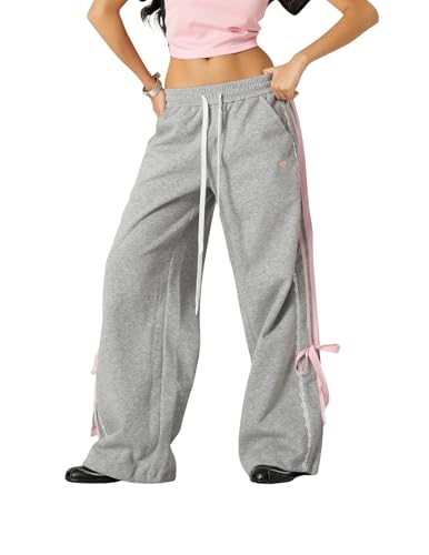 Aelfric Eden Medium Grey Lace Stripe Patchwork Baggy Sweatpants for Women