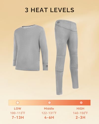 SAVIOR HEAT Men's Heated Long Johns Set 3X-Large Grey Rechargeable Thermal Underwear, 13H Warmth
