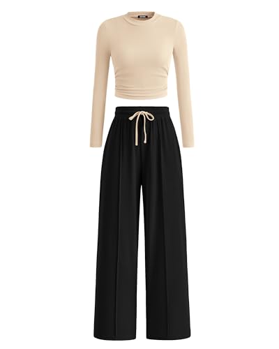 BTFBM Casual Ribbed 2 Piece Set for Women Fall 2026 - Beige & Black, Large