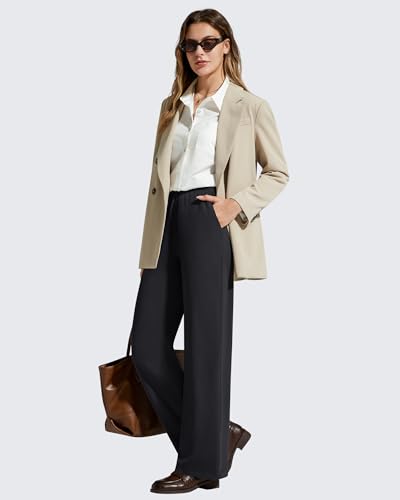 Petite Fit Women's Wide Leg Casual Pants with Elastic Waist and Pockets - Black