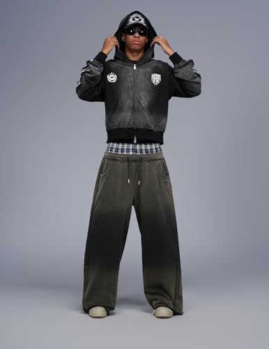 Large Dark Grey Double Waist Washed Baggy Sweatpants - Loose Wide Leg Casual Pants with Pockets