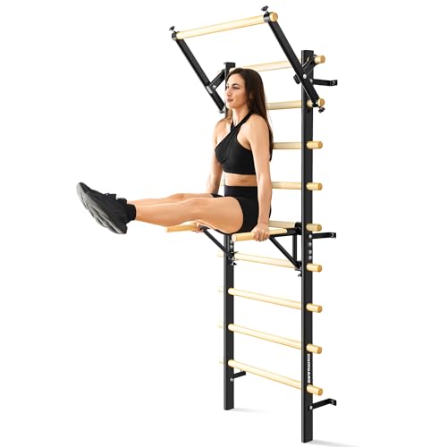GymYard Wood Swedish Ladder Wall Mount for Home Fitness, Adjustable Pull Up & Dip Station, Solid Pine, Variation of THIS listing