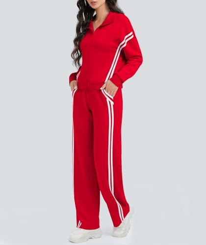 Women's 2 Piece Lounge Sets Zip Up Sweatshirt & Striped Tracksuit - Medium Red
