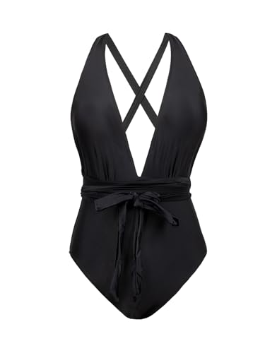 Women's Black One-Piece Swimsuit with Plunge V-Neck & Tie, Medium