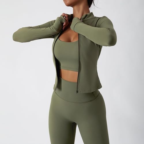 Green Women's 3 Piece Workout Set - Sports Bra, Leggings & Jacket with Thumbholes – Yoga & Gym Activewear