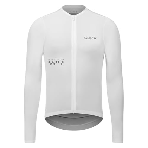 Men's Long Sleeve Cycling Jersey with Pockets - White, Large, UPF 50+