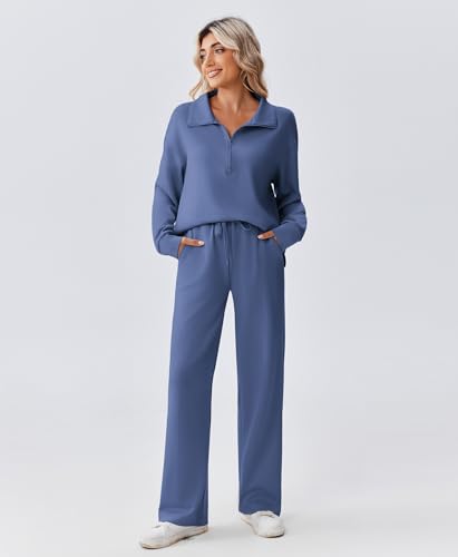 PINSPARK 2 Piece Women’s 1/2 Zip Sweatsuit Set Fall Matching Outfit - Petite / Large / Dark Blue