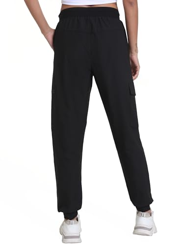 Women's Lightweight Cargo Hiking Pants with Pockets - Large, Dark Black, Elastic Leg Openings